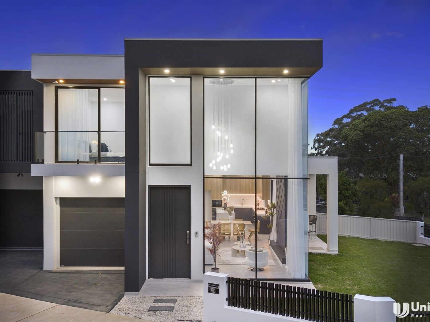 Second residence facade at dusk
